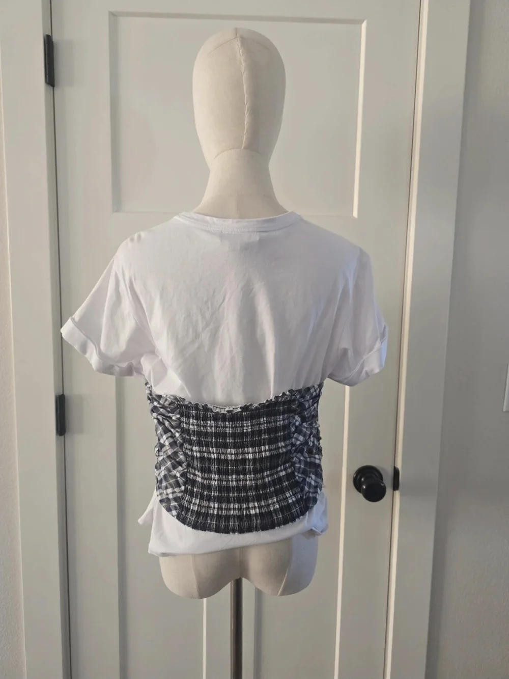 Veronica Beard White Short-Sleeve Tee with Black Plaid Bustier